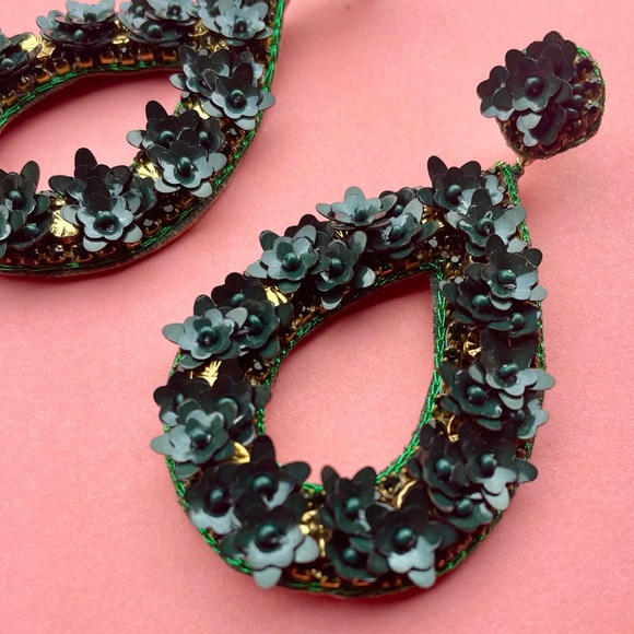 NWT Deepa Gurnani Anthro Beaded Crystal Flower Statement Earrings Forest Green - Picture 2 of 14